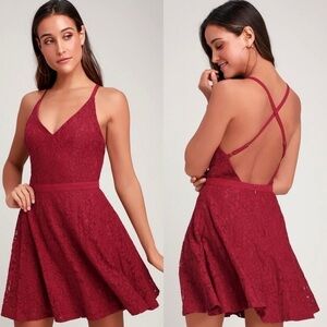 Lulu’s Womens Dancing in the Moonlight Wine Red Lace Backless Skater Dress NWT